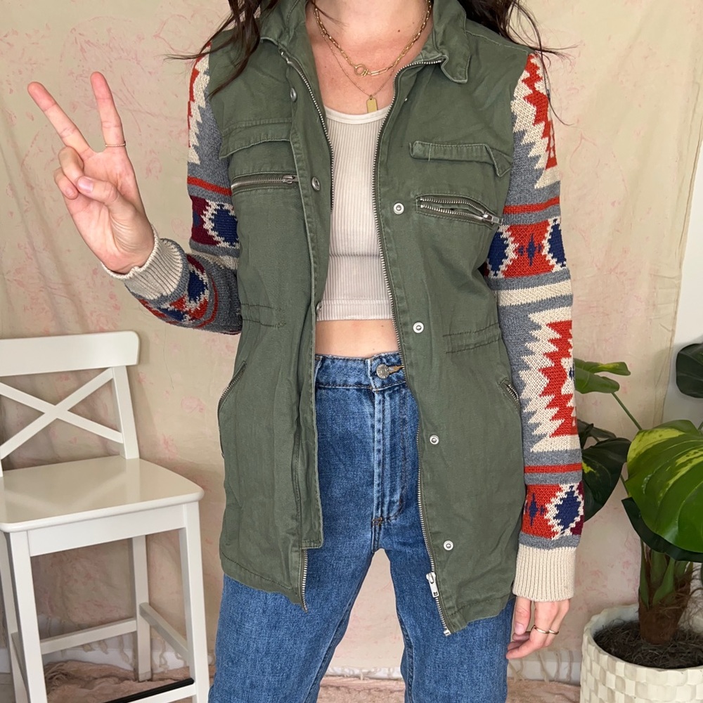 Quinn Army Green Military Style Jacket | Southwest Style Knit Sleeves